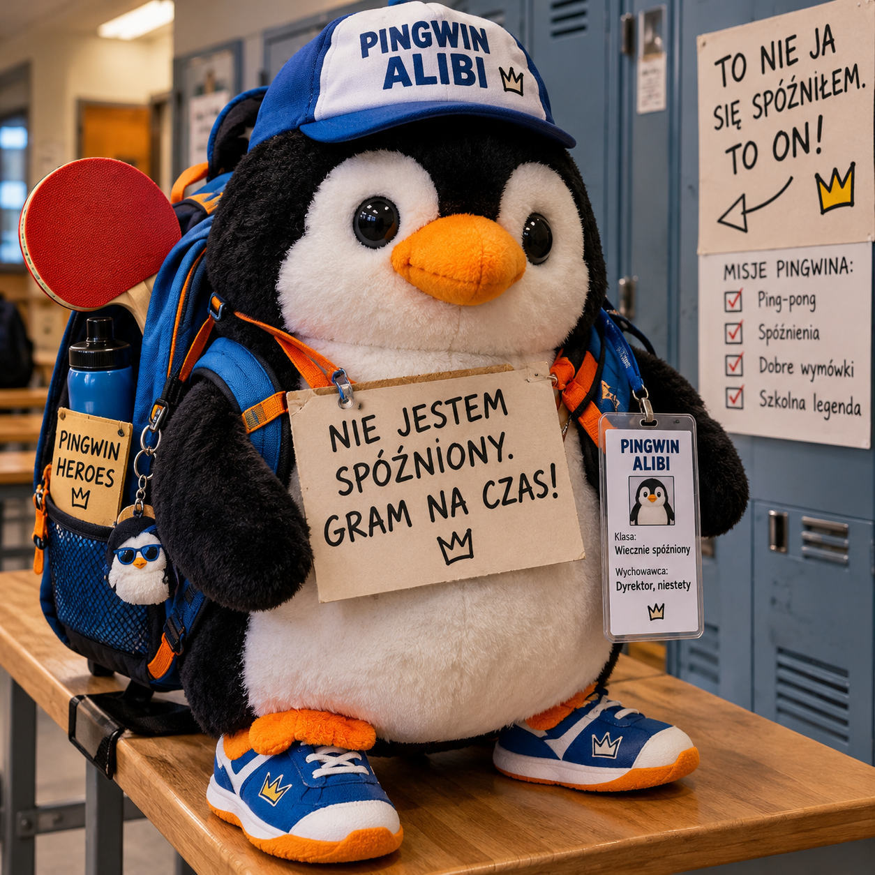 Penguin Alibi: plush penguin in a cap with a backpack and paddle, holding a sign “I’m not late. I’m playing for time!” against school lockers